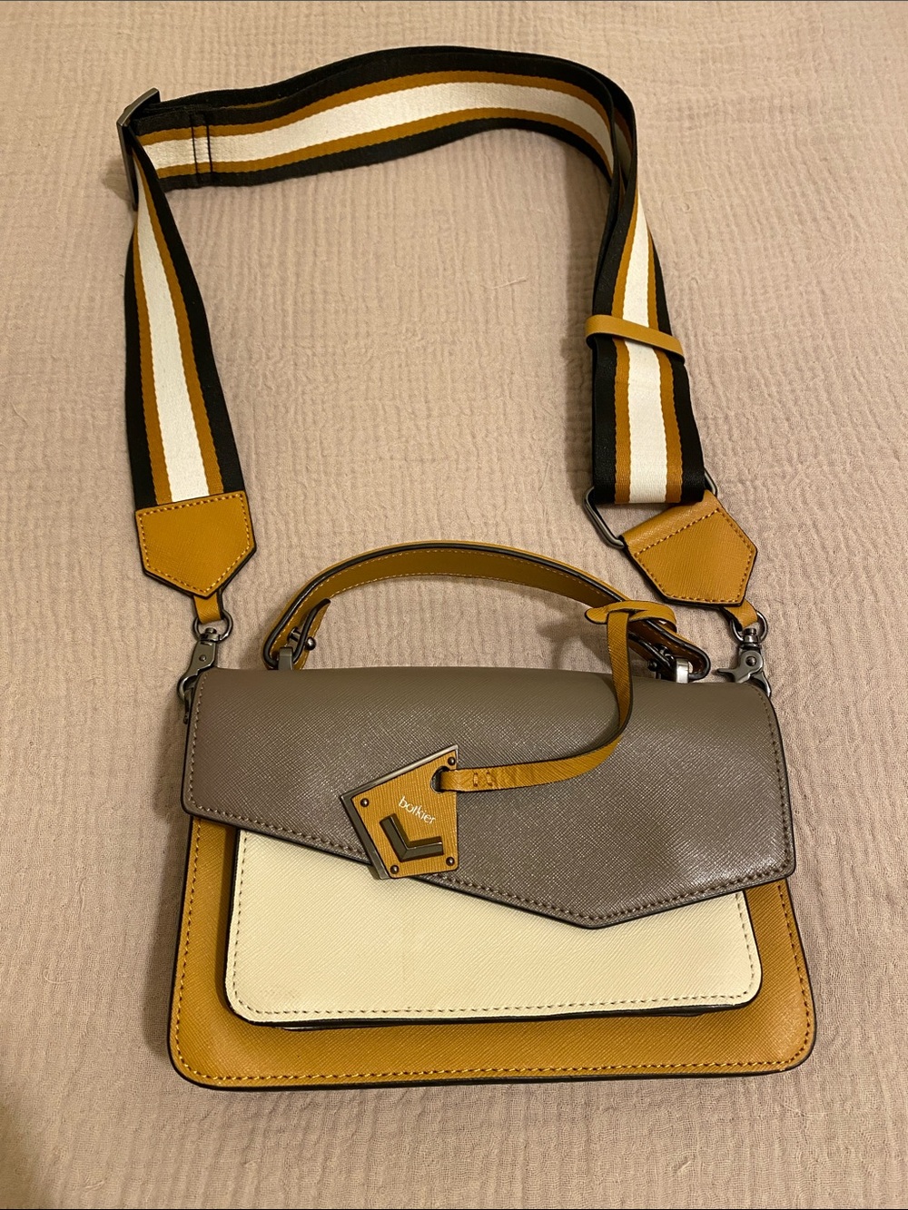 BOTKIER Colorblock Leather Top-Handle Crossbody Bag - Taupe, Cream & Mustard